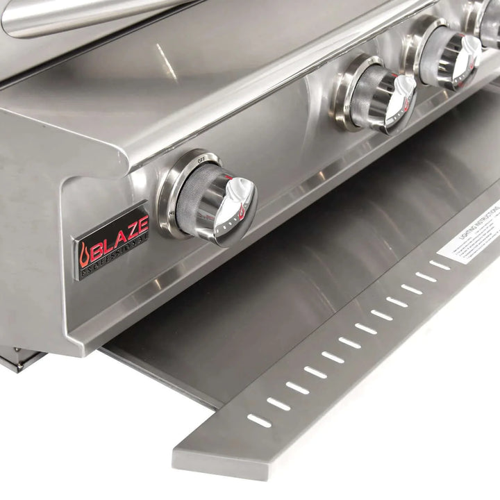 Blaze Professional LUX 44" Freestanding Gas Grill featuring four cast stainless steel H-burners producing 72,000 BTUs, plus infrared rear burner and rotisserie kit, with 1,050 sq. in. of cooking surface and LED-illuminated control knobs.