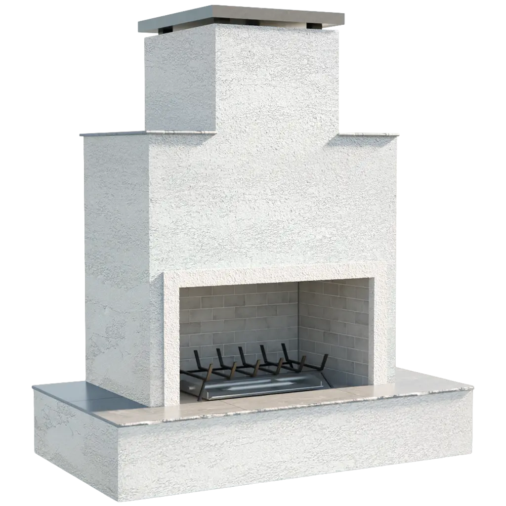 Tahiti" Outdoor Gas Fireplace w/ Wrap-around Mantel: A sculptural outdoor fireplace with a spacious footprint (72" W × 41" D × 81" H), producing 90,000 BTUs of heat and featuring a wrap-around bottom mantel for resort-style elegance.