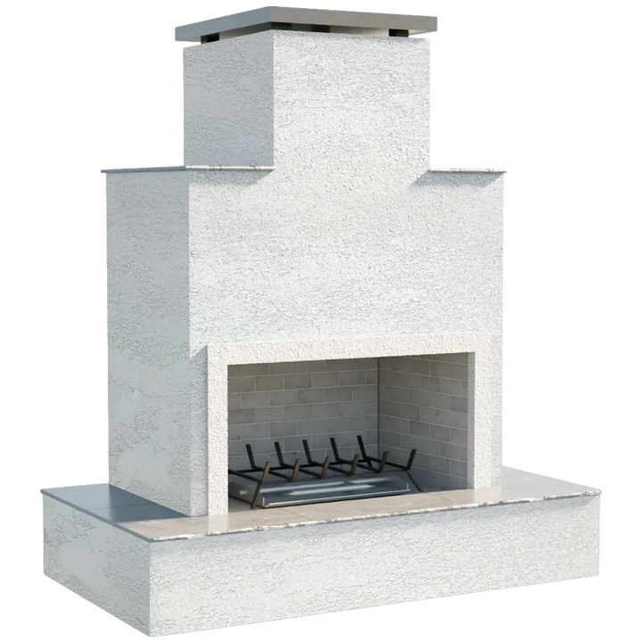 Tahiti" Outdoor Gas Fireplace w/ Wrap-around Mantel: A sculptural outdoor fireplace with a spacious footprint (72" W × 41" D × 81" H), producing 90,000 BTUs of heat and featuring a wrap-around bottom mantel for resort-style elegance.