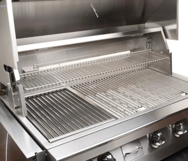 Vintage 56-Inch Built-In Gas Grill with Sear Zone featuring three high-performance burners, infrared sear zone, rotisserie burners, and smoker burner for professional-grade outdoor cooking and entertaining capabilities in polished stainless steel construction.