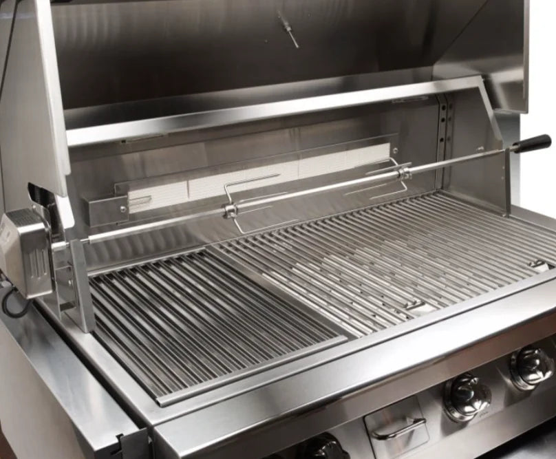 Vintage 56-Inch Built-In Gas Grill with Sear Zone: Polished stainless steel construction, three 27,500 BTU burners, infrared sear zone, and ceramic briquettes deliver professional-grade cooking results.