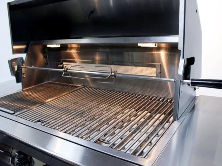 Vintage 42-Inch Built-In Gas Grill with Sear Zone featuring premium stainless steel construction, two 27,500 BTU burners, infrared sear zone and rotisserie burners, offering expansive cooking space and reliable ignition for outdoor culinary luxury.