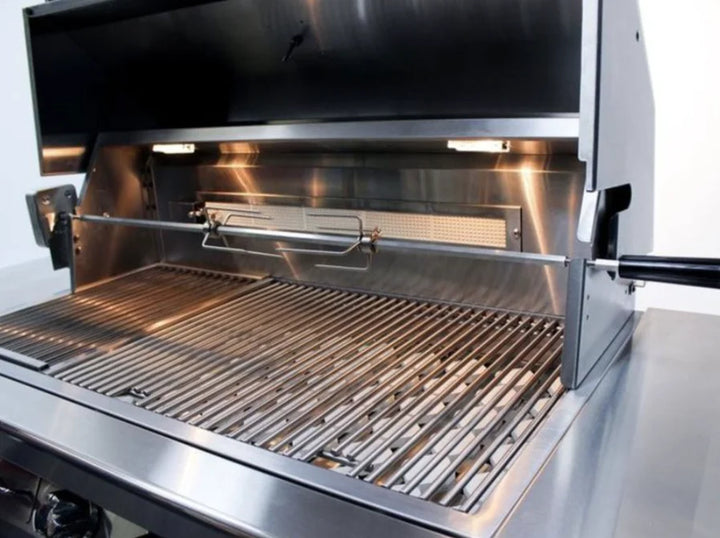 Vintage 42-Inch Built-In Gas Grill with Sear Zone featuring premium stainless steel construction, two 27,500 BTU burners, infrared sear zone and rotisserie burners, offering expansive cooking space and reliable ignition for outdoor culinary luxury.