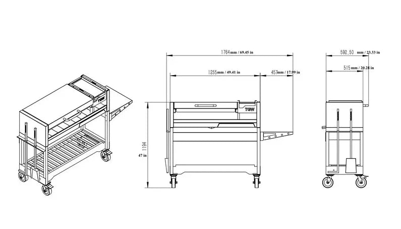 Tagwood "Chief Series" Freestanding Santa Maria Style Grill – Cold-Rolled Steel: Bold Argentine-style freestanding grill with sleek black finish, 705 sq in grilling space, manually adjustable round grates, firebox lined with firebricks and stainless steel food-contact components.