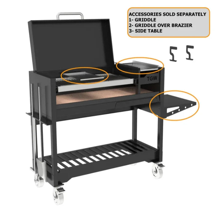 Tagwood Chief Series Freestanding Santa Maria Style Grill – Cold-Rolled Steel grill featuring a sleek black finish, 705 sq. in. grilling area, manually adjustable round grates, and firebrick-lined firebox with stainless steel components.