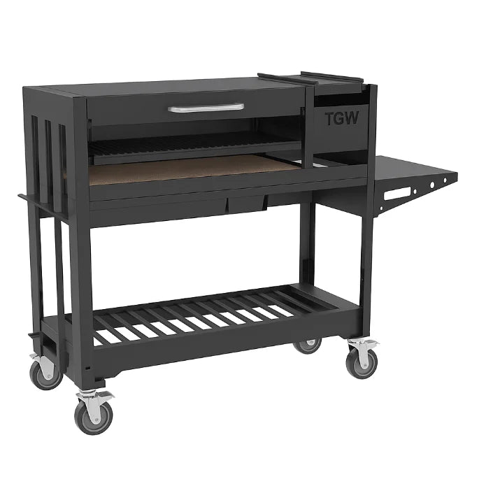 Tagwood "Chief Series" Freestanding Santa Maria Style Grill – Cold-Rolled Steel: A bold Argentine-style grill with sleek black finish, engineered for durability and featuring 705 sq in grilling space with manually adjustable round grates, firebox lined with firebricks, and stainless steel components.