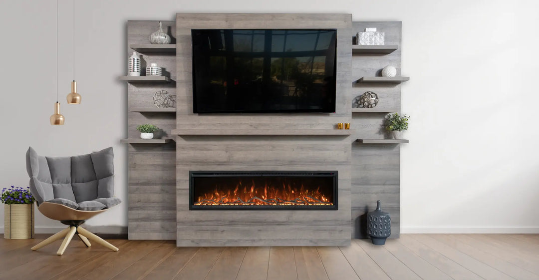 Allwood Media Wall Fireplace System for Spectrum Slimline 60" Electric Fireplace features a pre-finished wall panel, matching mantel, slide-in shelves, and built-in electrical access in Weathered Walnut, Coastal Sand, or Driftwood Gray finishes.