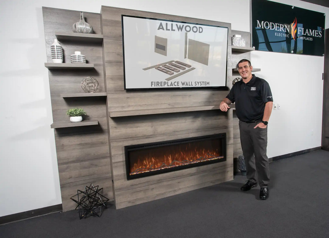 Allwood Media Wall Fireplace System for Spectrum Slimline 60" Electric Fireplace, a pre-finished wall unit with Weathered Walnut, Coastal Sand, or Driftwood Gray finishes, designed for easy DIY installation and accommodating TV & fireplace.