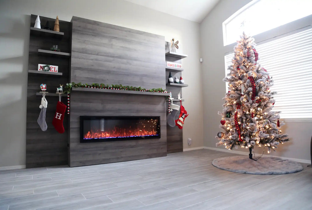 Modern Flames Allwood Media Wall Fireplace System for Spectrum Slimline 60" Electric Fireplace, featuring Weathered Walnut finish, wall-mounted electric fireplace installation, two standard outlets and two USB charging ports, perfect for apartments or condos with space-saving design.