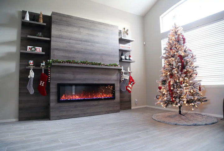 Modern Flames Allwood Media Wall Fireplace System for Spectrum Slimline 60" Electric Fireplace, featuring Weathered Walnut finish, wall-mounted electric fireplace installation, two standard outlets and two USB charging ports, perfect for apartments or condos with space-saving design.