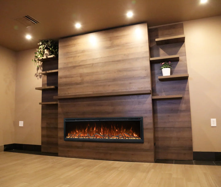 Allwood Media Wall Fireplace System for Spectrum Slimline 60" Electric Fireplace, pre-finished wall system with Weathered Walnut, Coastal Sand, or Driftwood Gray finish, easy DIY installation and built-in electrical access, TV & fireplace ready, space-saving design, includes main wall panel, matching mantel, side shelves, and hardware kit.
