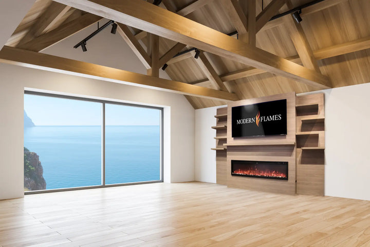 Allwood Media Wall Fireplace System for Spectrum Slimline 60" Electric Fireplace, pre-finished wall panel with built-in electric fireplace features and TV mount.