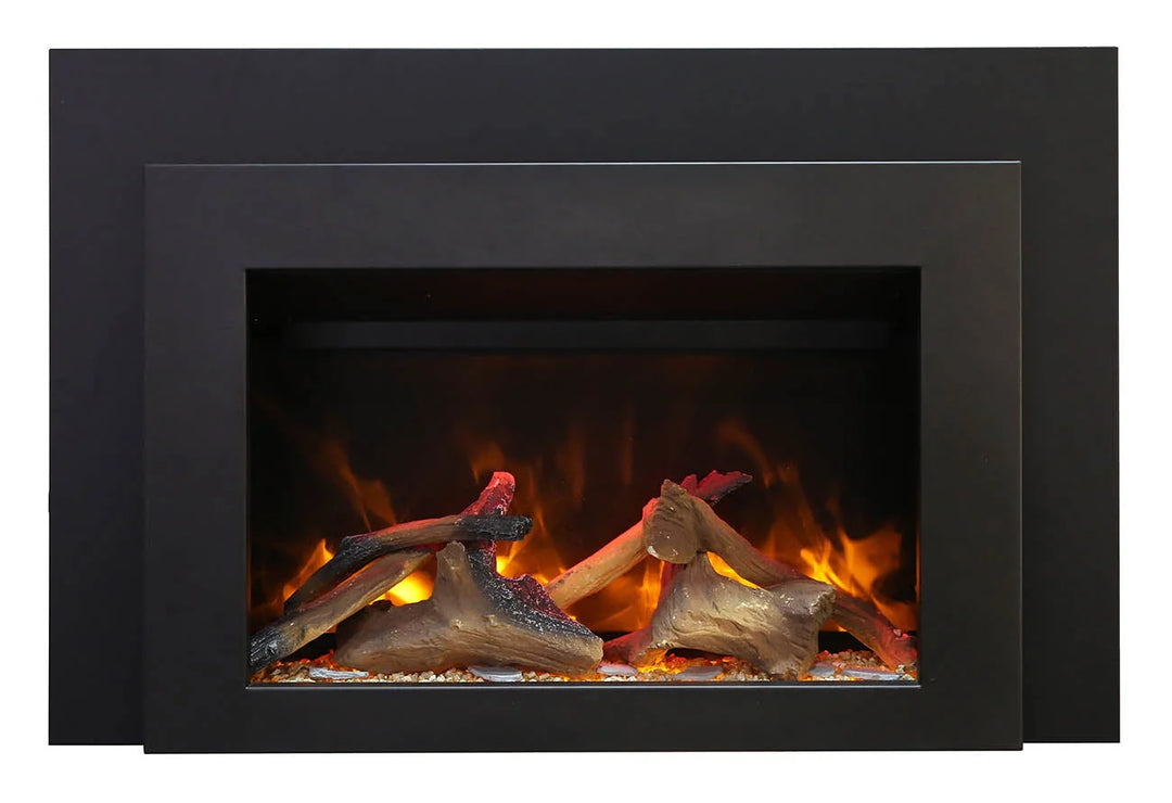 Amantii INS-FM-30 Electric Insert Fireplace features a stunning black steel surround, vibrant gradient flame, and adjustable intensity controlled by remote for zone heating in spaces up to 500 sq ft.