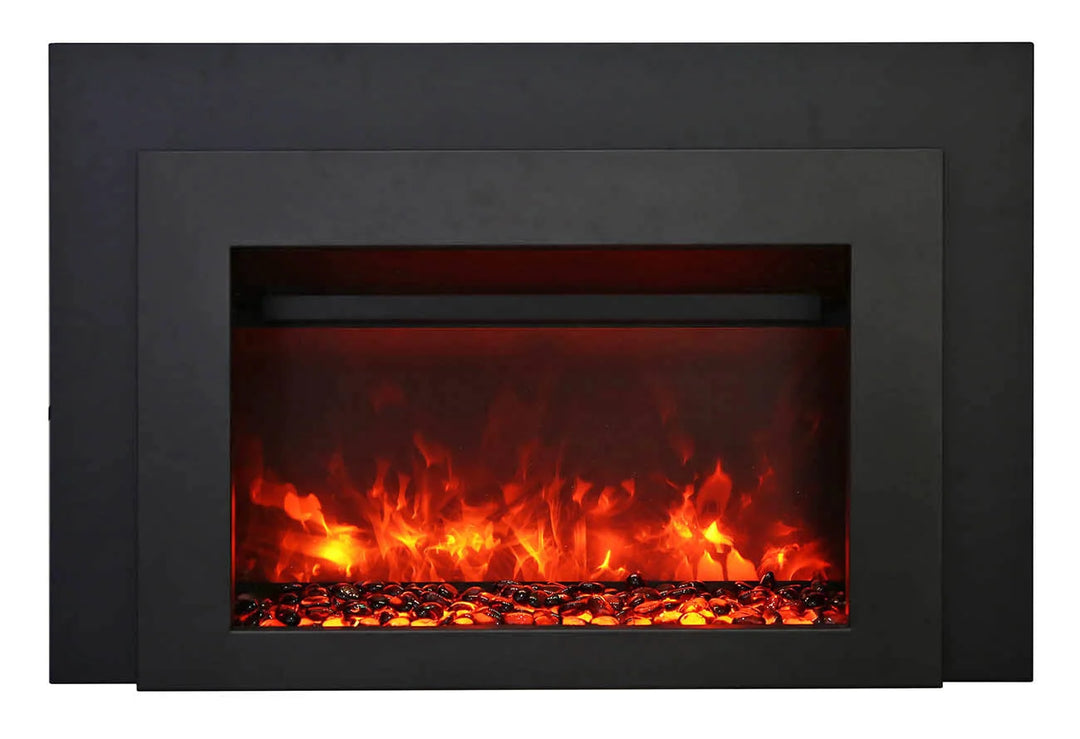 Amantii INS-FM-30 Electric Insert Fireplace features a black steel surround and includes a stunning gradient flame, traditional log set, and remote control for zone heating in spaces up to 500 sq ft.