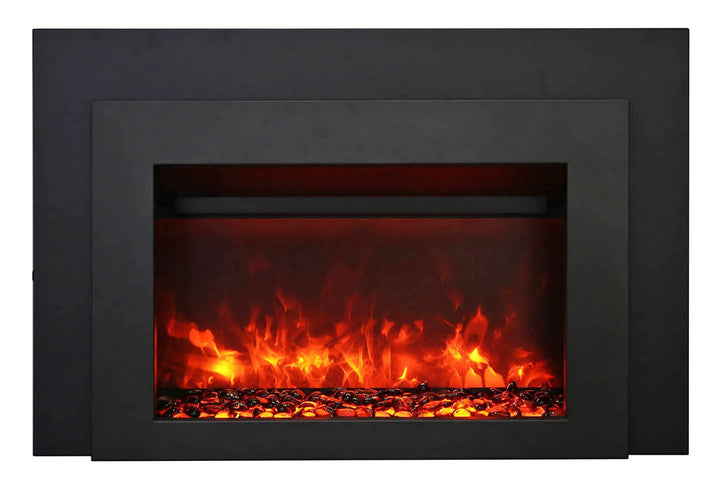 Amantii INS-FM-30 Electric Insert Fireplace features a black steel surround and includes a stunning gradient flame, traditional log set, and remote control for zone heating in spaces up to 500 sq ft.