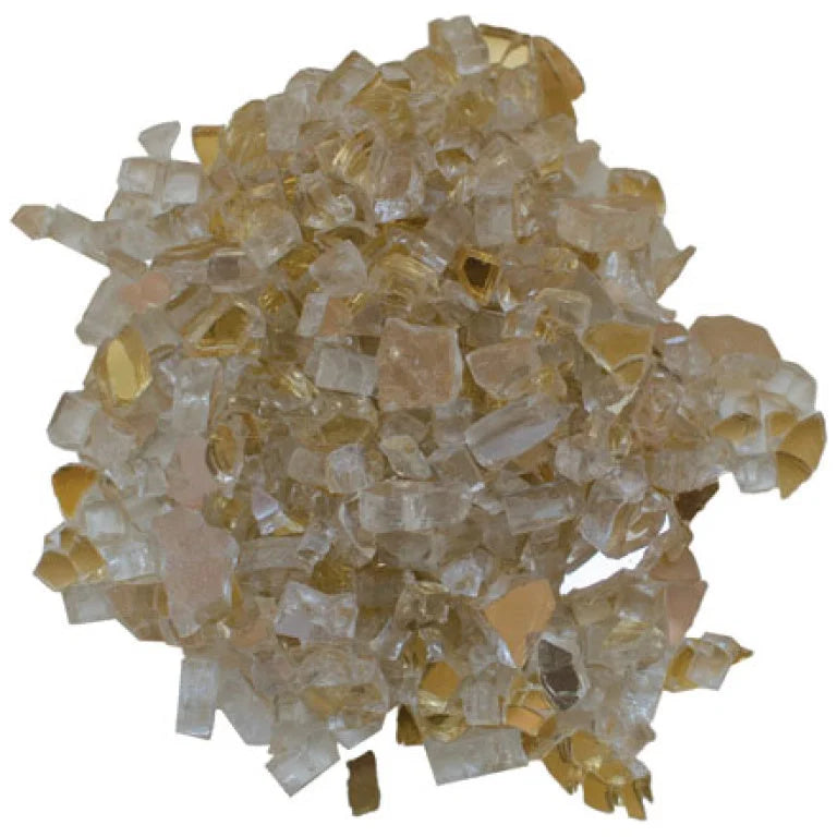 Amantii Fire Glass Media - Champagne Reflective (AMSF‐GLASS‐04): A box containing approximately 5 pounds of 1/4 inch reflective fireglass in champagne color for decorative use in electric or gas fireplaces.