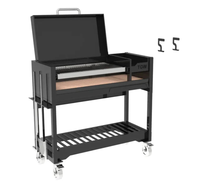 Tagwood Chief Series Freestanding Santa Maria Style Grill – Cold-Rolled Steel: A bold Argentine-style grill featuring 705 sq. in. cooking space, manually adjustable round grates, firebrick-lined firebox, and 304 stainless steel food-contact components.