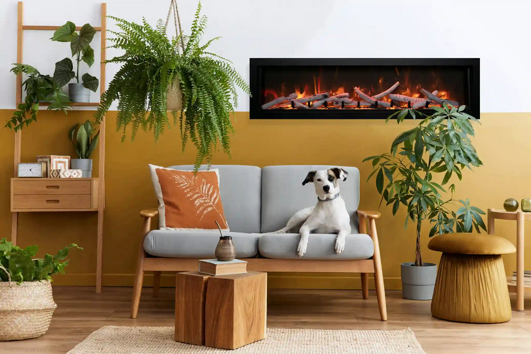 Remii Extra Tall Electric Fireplace - 18" high indoor or outdoor electric fireplace with black steel surround, vibrant multi-colored flame presentation, and ambient canopy lighting in 13 colors.
