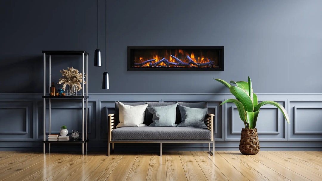 Remii Extra Tall Electric Fireplace featuring vibrant, multi-colored LED light strips with red, yellow, or orange flame options, black steel surround, and ambient canopy lighting in 13 colors.