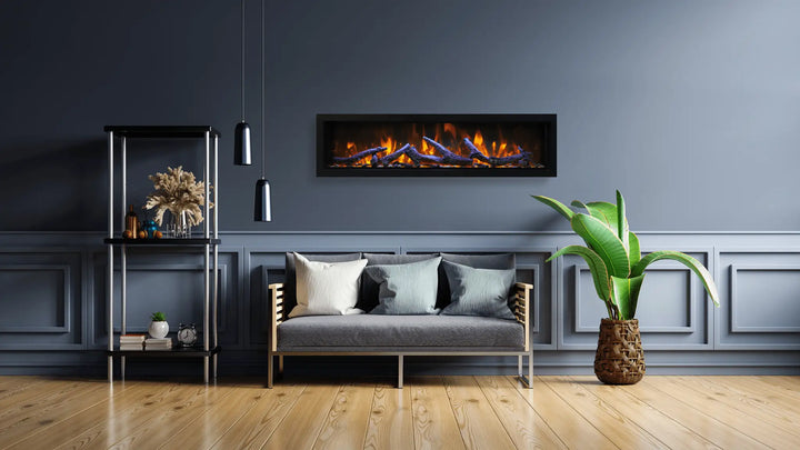Remii Extra Tall Electric Fireplace featuring vibrant, multi-colored LED light strips with red, yellow, or orange flame options, black steel surround, and ambient canopy lighting in 13 colors.