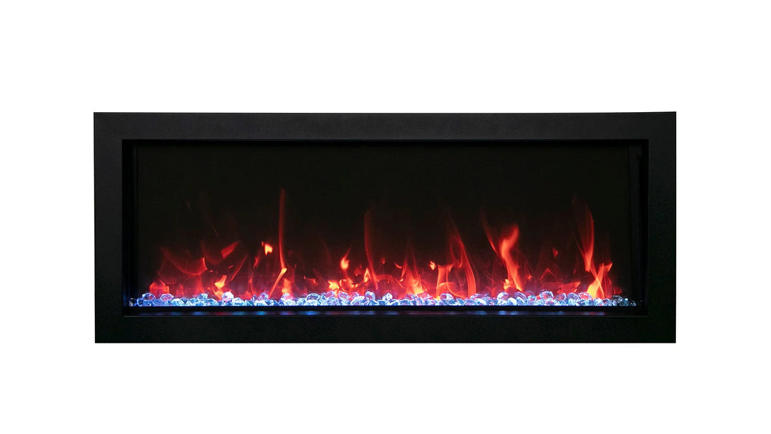 Amantii Panorama BI Slim Smart Electric Fireplace - sleek, built-in design with black steel surround, just 4 inches deep, ideal for indoor or outdoor spaces, with vibrant multi-colored flame presentation and up to 5000 BTU heat.