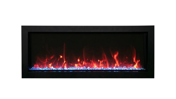 Amantii Panorama BI Slim Smart Electric Fireplace - sleek, built-in design with black steel surround, just 4 inches deep, ideal for indoor or outdoor spaces, with vibrant multi-colored flame presentation and up to 5000 BTU heat.