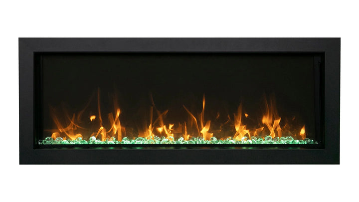 Amantii Panorama BI Slim Smart Electric Fireplace - a sleek and modern built-in fireplace with black steel surround, featuring vibrant multi-colored flame presentation, 4-inch depth, and 5000 BTU heating capacity for up to 500 sq feet.