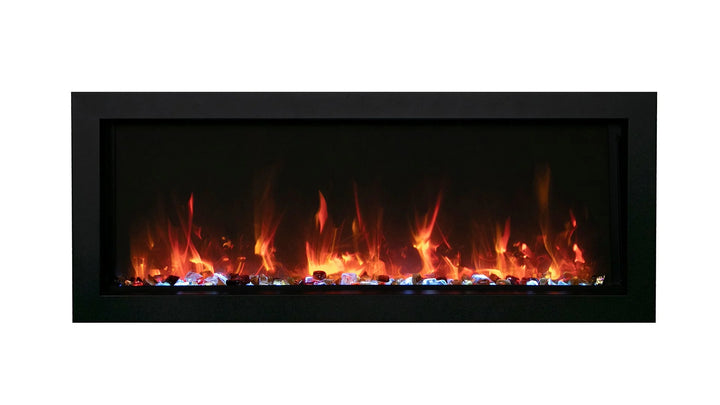 Amantii Panorama BI Slim Smart Electric Fireplace: A sleek, black steel surround electric fireplace with 4" depth, perfect for indoor or outdoor spaces, available in various sizes (30", 40", 50", and 60") with a state-of-the-art, vibrant, multi-colored flame presentation.