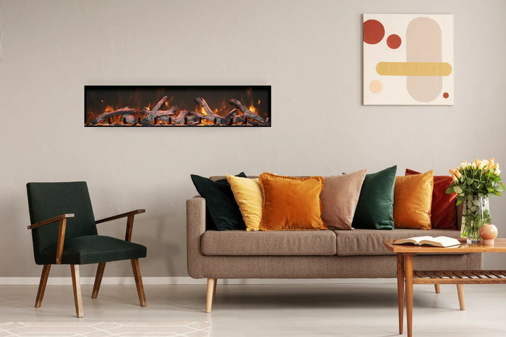 Amantii Panorama BI Deep XT Smart Electric Fireplace, showcasing vibrant multi-colored flame presentation, customizable media options, and ambient canopy lighting in black steel surround for indoor or outdoor use.