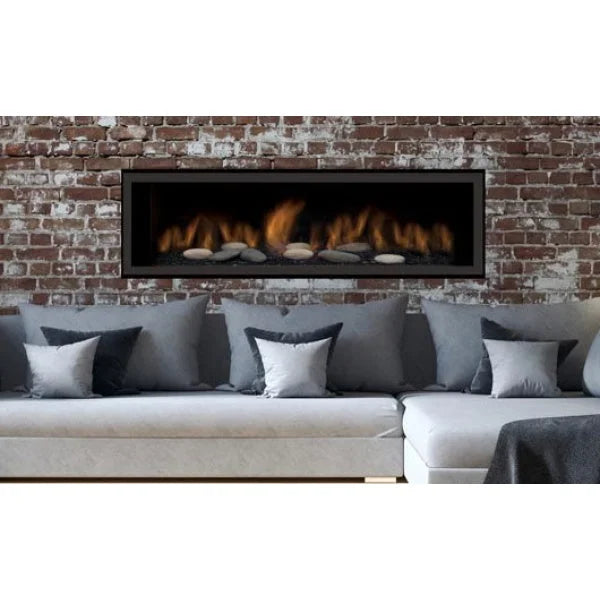 Sierra Flame AUSTIN 65" Direct Vent Linear Gas Fireplace featuring a contemporary black porcelain design, 7 stage modulating valve, and Deluxe digital remote control.