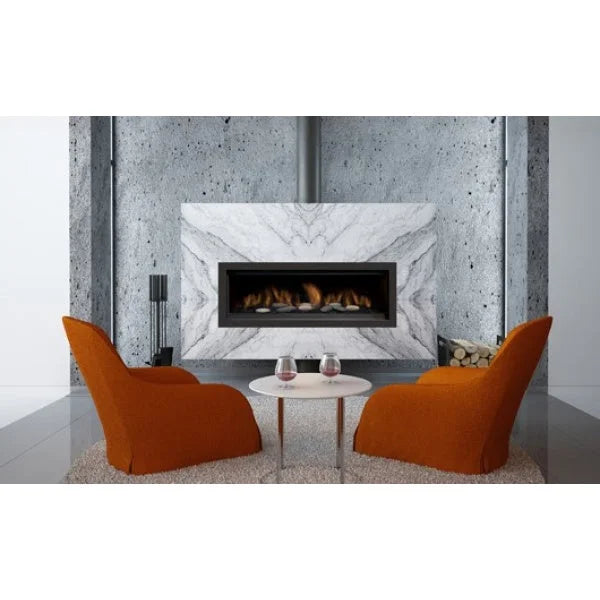 Sierra Flame AUSTIN 65" Natural Gas or Liquid Propane Direct Vent Linear Fireplace features contemporary black porcelain panels, electronic ignition, 7-day programmable thermostat remote, and 6-stage dual fan control in a sleek linear design with large flame presentation and viewing area.