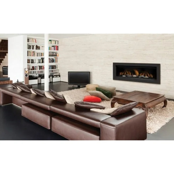 Sierra Flame AUSTIN 65" direct vent linear gas fireplace featuring contemporary black porcelain panels, black reflective glass, and 9 piece decorative rock media set, with electronic ignition, 7 day programmable thermostat remote, and modulating valve for flame control.