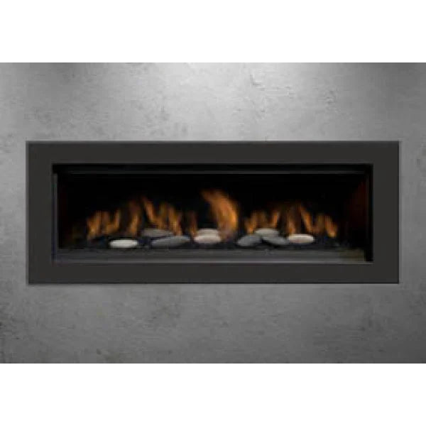 Sierra Flame AUSTIN 65" Direct Vent Linear Gas Fireplace features contemporary black porcelain panels, black reflective glass, and 9 piece rock set, with programmable thermostat remote and modulating valve for flame control.