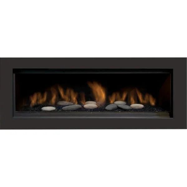 Sierra Flame AUSTIN 65" Natural Gas or Liquid Propane Direct Vent Linear Fireplace, sleek contemporary design with black porcelain panels, black reflective glass, and 9 piece rock set, featuring large flame presentation, programmable thermostat remote, and modulating valve for precise flame control.