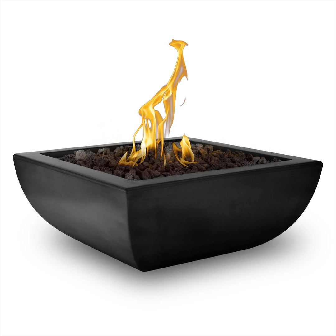 Avalon Fire Bowl by Outdoor Plus, modern concrete design with curved structure, handcrafted in USA, available in various colors.