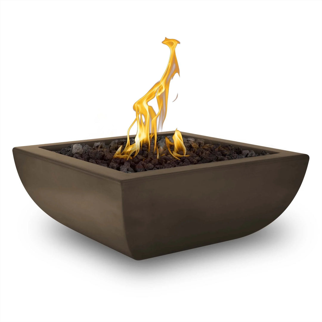 The Outdoor Plus Avalon Fire Bowl, made from durable GFRC concrete, features a modern curved design with slight variations in color and texture due to its handmade nature, available in various colors and sizes.