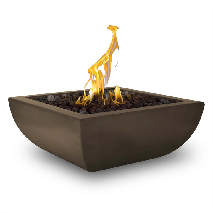 The Outdoor Plus Avalon Fire Bowl, made from durable GFRC concrete, features a modern curved design with slight variations in color and texture due to its handmade nature, available in various colors and sizes.