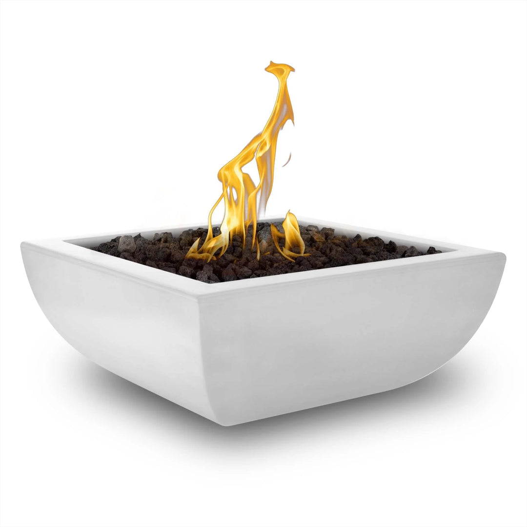 The Outdoor Plus Avalon Fire Bowl is a modern, handcrafted GFRC concrete fire feature with a curved structure and varied color options.