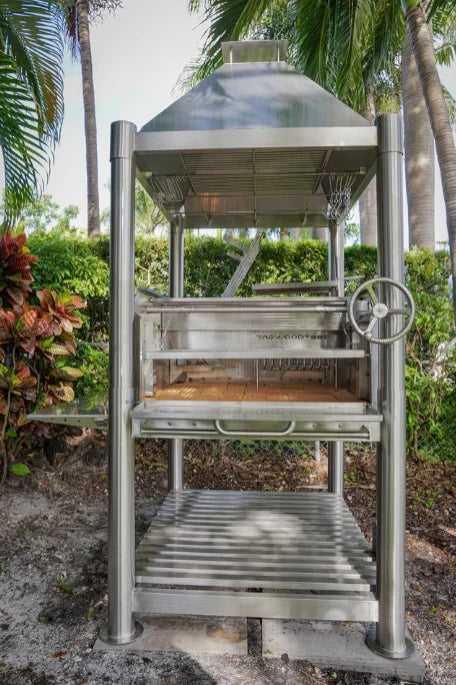 Tagwood's The Beast On Steroids Santa Maria Style Grill – 304 Stainless Steel features all-304 stainless steel construction for superior durability and weather resistance, with massive 3,363 sq. in. total grilling area across six independent zones.