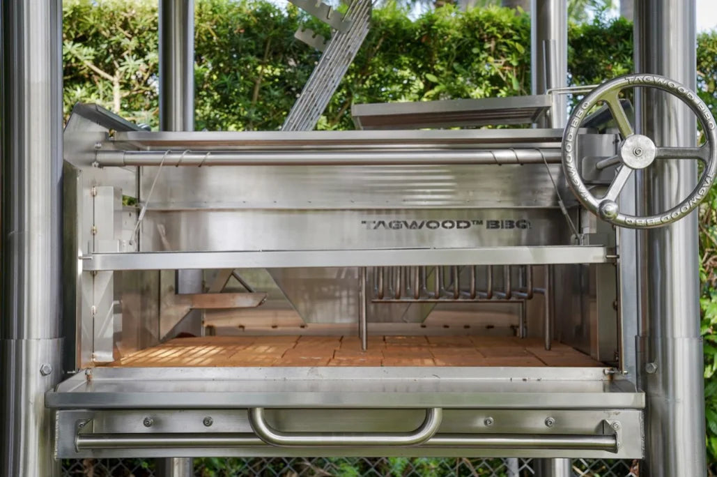 Tagwood's "The Beast On Steroids" Santa Maria Style Grill - 304 Stainless Steel: A massive freestanding grill with 3,363 sq. in. total cooking area across six independent grilling zones, featuring all-304 stainless steel construction for durability and precision, ideal for professional-grade open-fire cooking.