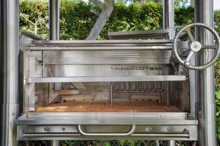 Tagwood's "The Beast On Steroids" Santa Maria Style Grill - 304 Stainless Steel: A massive freestanding grill with 3,363 sq. in. total cooking area across six independent grilling zones, featuring all-304 stainless steel construction for durability and precision, ideal for professional-grade open-fire cooking.