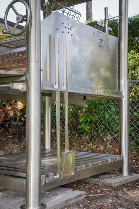 Tagwood "The Beast On Steroids" Santa Maria Style Grill – 304 Stainless Steel features 3,363 sq. in. total cooking area across six independent grilling zones in all-304 stainless steel construction with height-adjustable grates and firebrick-lined base for even heat distribution.