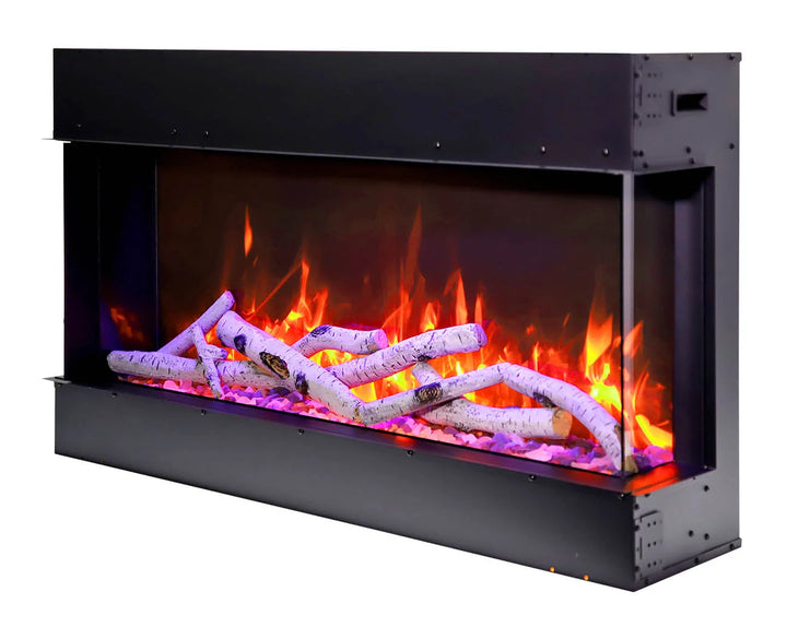 Remii BAY-SLIM 3 Sided Electric Fireplace with vibrant, multi-colored flame presentation and ambient canopy lighting in 13 colors, featuring a thin design, 2-stage heater, and remote control.