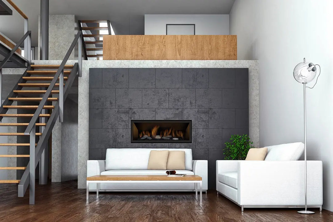 Sierra Flame Lamego 45" Zero Clearance Contemporary Electronic Ignition Gas Fireplace features elegant design, aluminized steel pan burner, borosilicate glass, and electronic ignition for a sleek and efficient flame viewing experience.