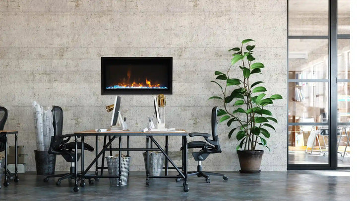 Amantii Panorama BI Extra Slim Smart Electric Fireplace with sleek black steel surround and clear glass media for a modern, high-definition flame presentation.