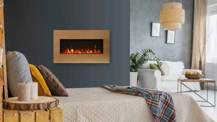 Amantii Panorama BI Extra Slim Smart Electric Fireplace with black steel surround, extra slim design for indoor or outdoor use, featuring vibrant multi-colored flame presentation.