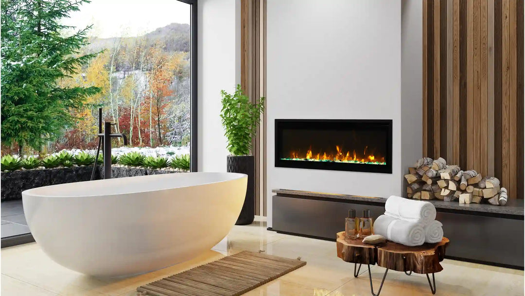 Amantii Panorama BI Extra Slim Smart Electric Fireplace features sleek black steel surround and clear glass media for a modern, high-definition flame display.