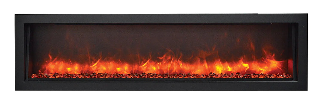 Remii DEEP Electric Fireplace featuring a vibrant, multi-colored flame presentation with adjustable colors, ambient canopy lighting in 13 hues, and a compact black steel surround for indoor or outdoor installations.