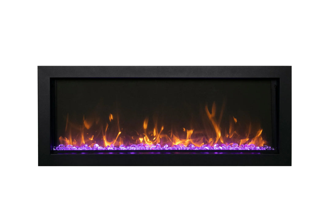 Amantii Panorama BI Extra Slim Smart Electric Fireplace features a sleek black steel surround and offers vibrant, multi-colored flame presentation with remote control.