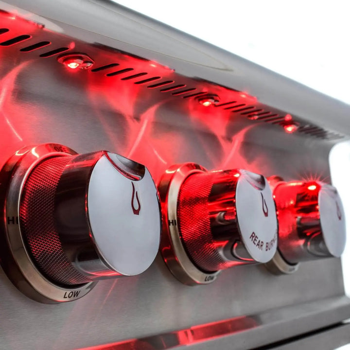 Blaze Professional 44" LUX 4-Burner Freestanding Gas Grill featuring 12mm hexagonal stainless steel cooking rods, 72,000 BTUs of total power, and LED-illuminated control knobs for effortless nighttime grilling.